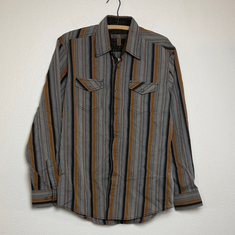 Men's Striped Dress Shirt - Black, Brown, and Gray